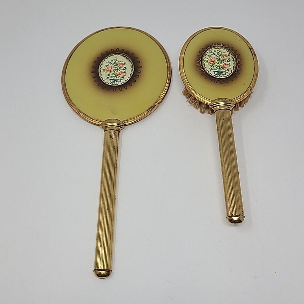 Vintage Hand Held Mirror w/ Matching Brush Set Floral Flowers Brass Bakelite